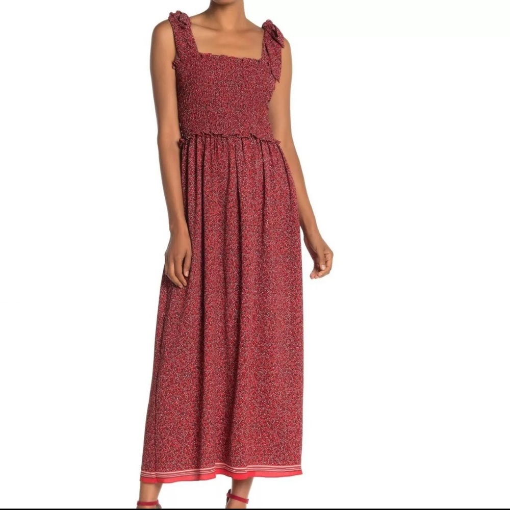 Max Studio NWT Floral Print Smocked Bodice Maxi Dress Size XL Red White Floral